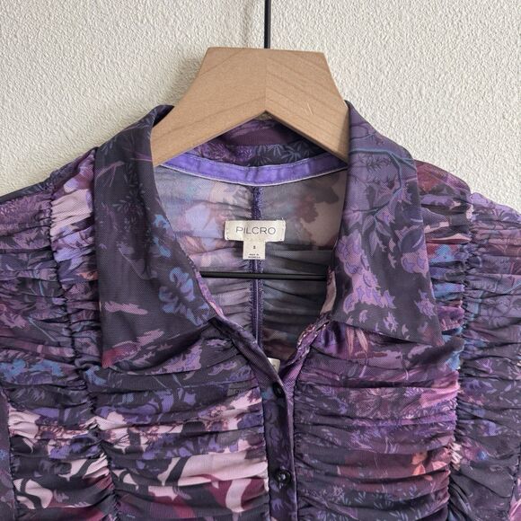 Pilcro Anthropologie Top Womens Small Purple Sheer‎ Button Up Nylon Fairy Grunge - Picture 6 of 16